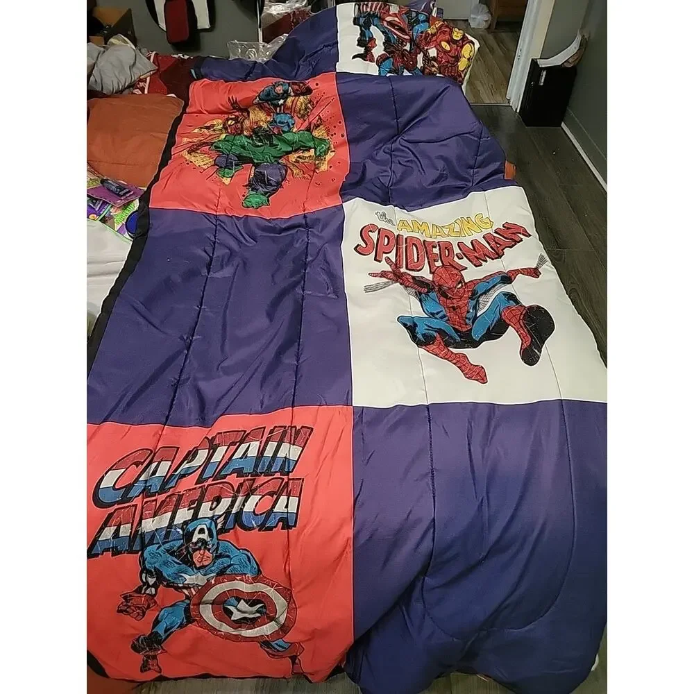 Vtg 90's Marvel Hulk Spiderman Thor Iron Man Comforter Bedding Blanket 71 x 86